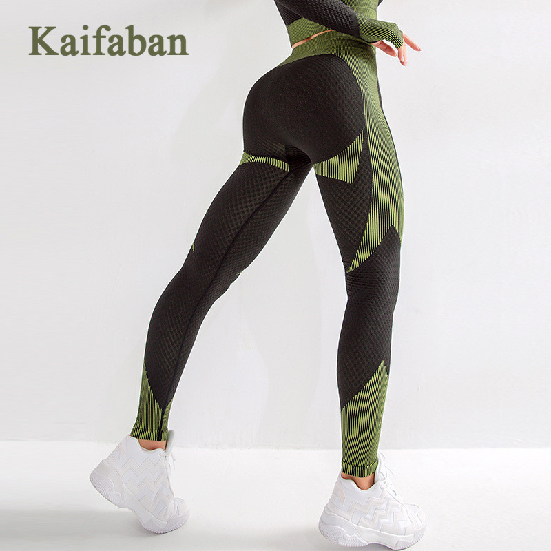 

Seamless Women Yoga Pants Leggings Fitness Jacquard Stripe Gym Clothes Peach BuHigh Waist Tight Push Up Workout Sports Wear, Green