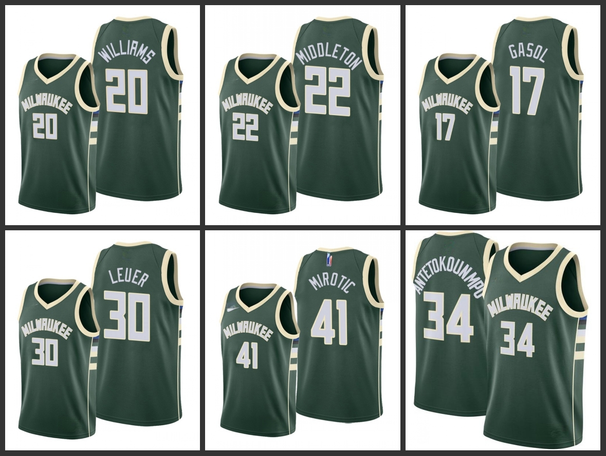 

Milwaukee Bucks Marvin Williams Jon Leuer Khris Middleton Nikola Mirotic Pau Gasol Giannis Antetokounmpo Jersey, Black