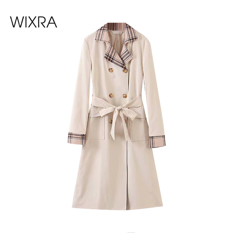 

Wixra Womens Trench Jackets With Sashes Double Breasted Basic Plaid Patchwork Long Coat Chic Female High Street Outerwear, Beige