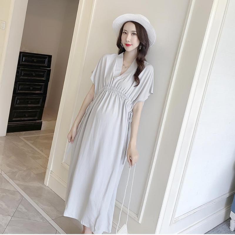 

Summer V-neck Comfortable Pregnant Women Dress Batwing Sleeve Drawstring Waist Maternity Empire Cotton Dress Plus Size Clothes, Green