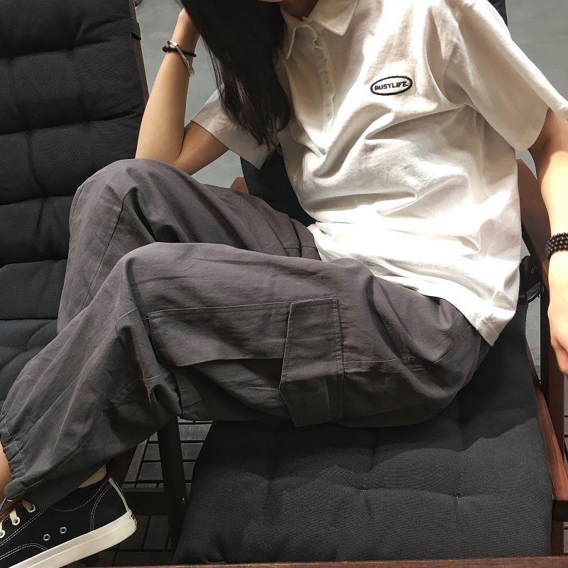 

2020 Summer Korean Women Zipper Streetwear Women Casual Cargo Pants Solid Cool Fashion Loose Hip Hop Ankle Length Trousers Z72, Black