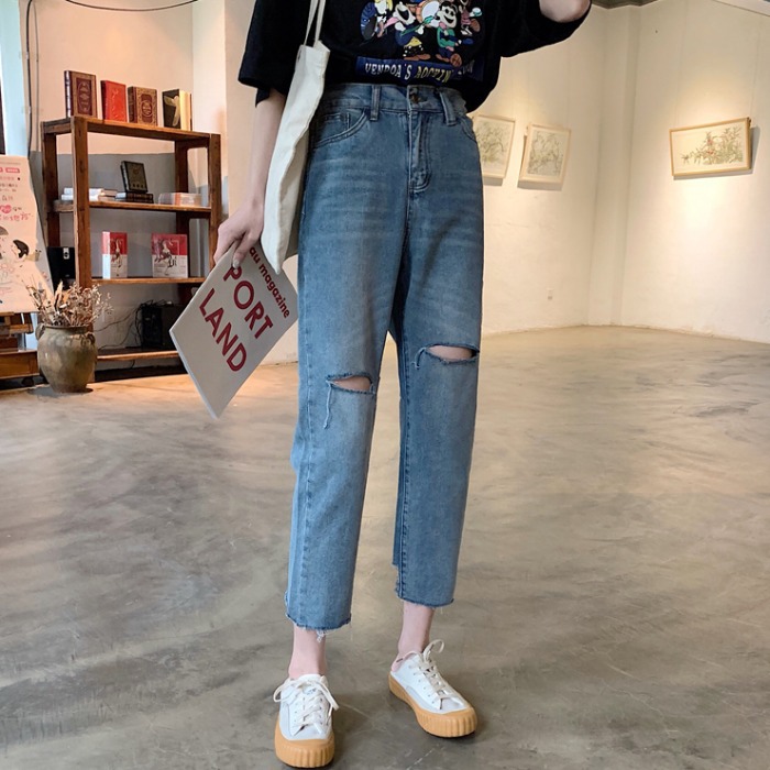 

Fashion Solid High Waist Women Wide Leg Jeans Casual Loose Denim Jeans Cut Pants, Blue