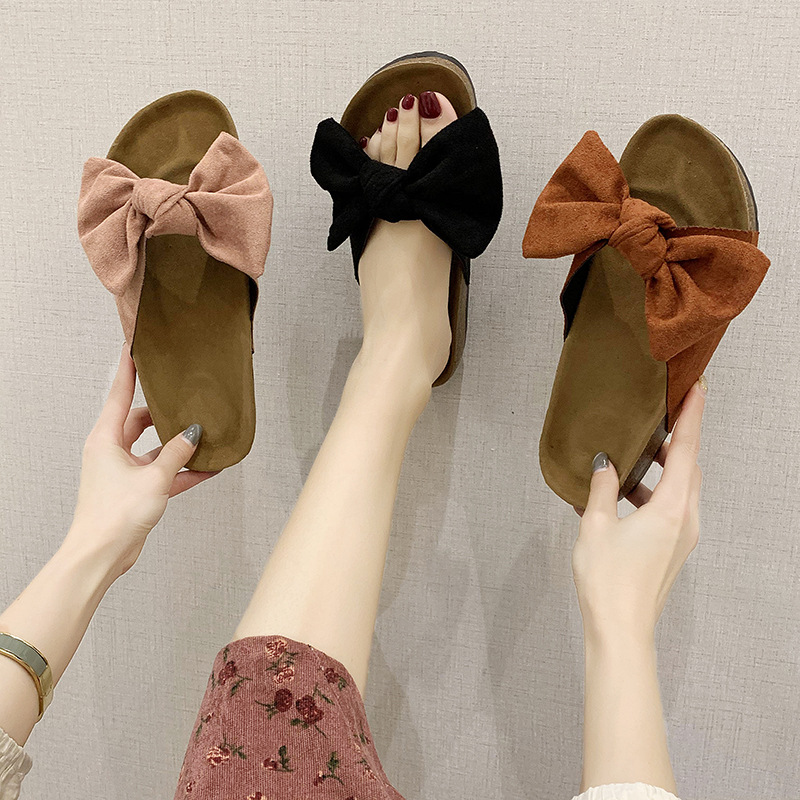 

big bow knot cork slippers women flat summer beach slides sexy leopard flip flops suede leather bow cork sandalias big size43 44, Black