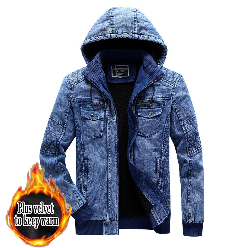 

2020 Winter Men Denim Jacket Mens Fashion Casual Jeans Jacket Man Warm Thick Denim Coat Male Hooded Bomber Coats Outerwear, Blue