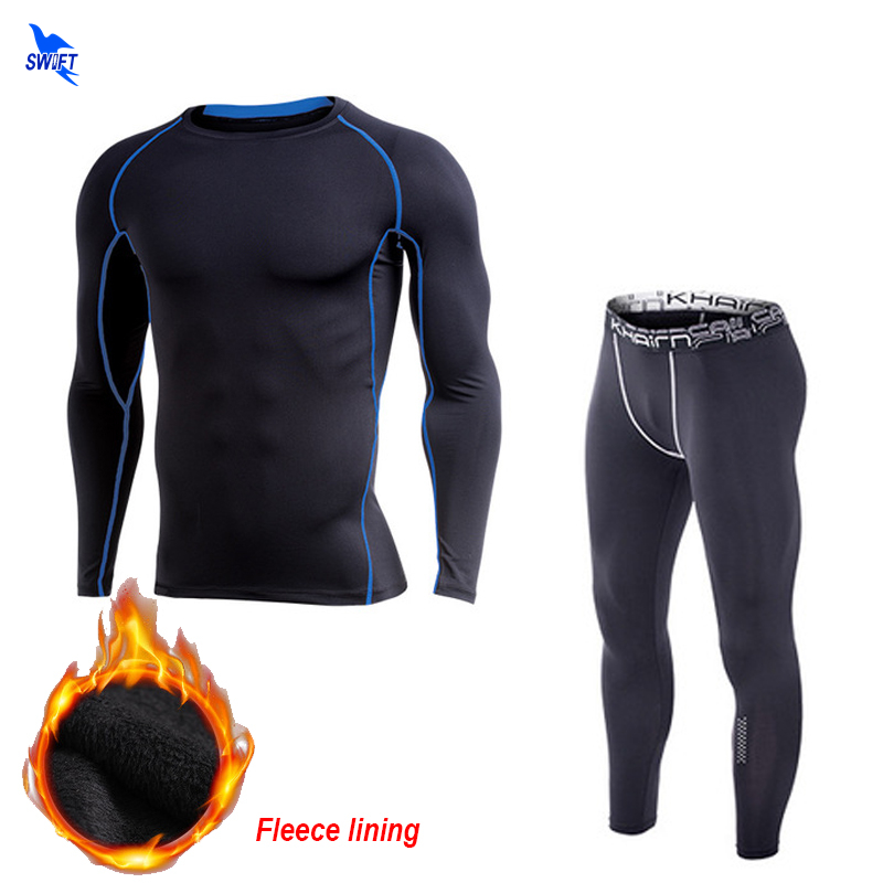 

Winter Thermal Fleece Men's Sport Suits Gym Fitness Rashguard Compression Running Sets Elastic Shirts Pants Sportswear Kits, Black