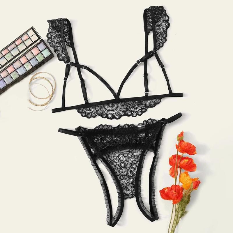 

New Women Plus Size Lace Lingerie Bra+Thong Underwear Set Black Sleepwear