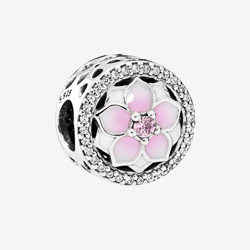 

Pink Magnolia 925 Sterling Silver Charm Snake Chain bracelet Necklace jewelry Accessories for Pandora flower Charms with Original box