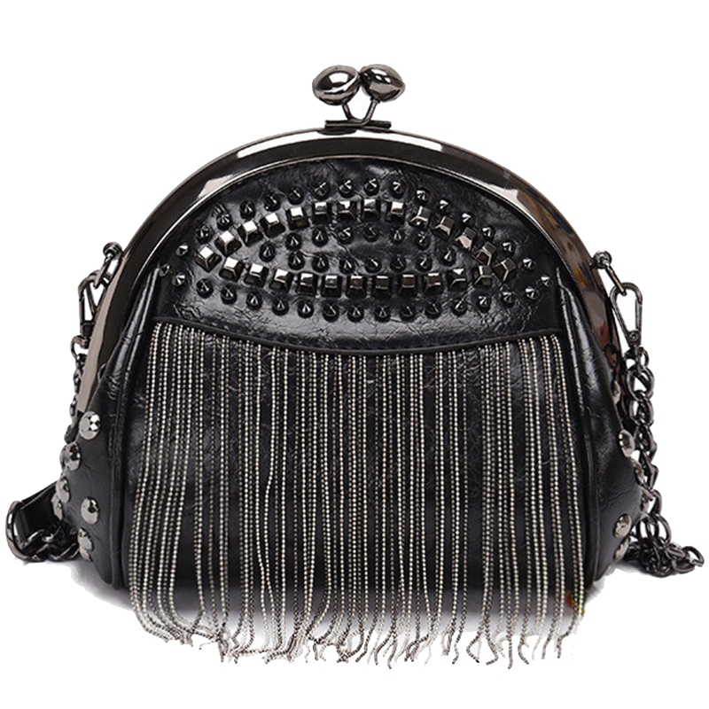 

Retro Tassel Fashion Shell Bag New Rivet Personality Clip Lock Single Room Messenger Bag Tide Black