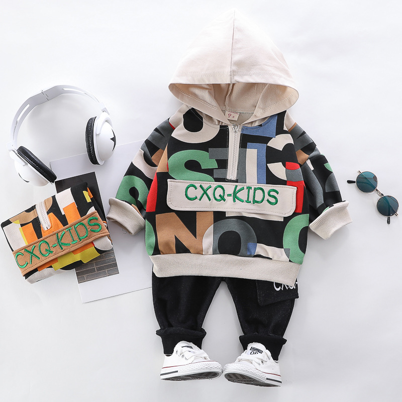

HYLKIDHUOSE 2020 Spring Baby Boys Clothing Sets Printed Letters Hooded T Shirt Pants Toddler Infant Clothing Children Clothes, Beige