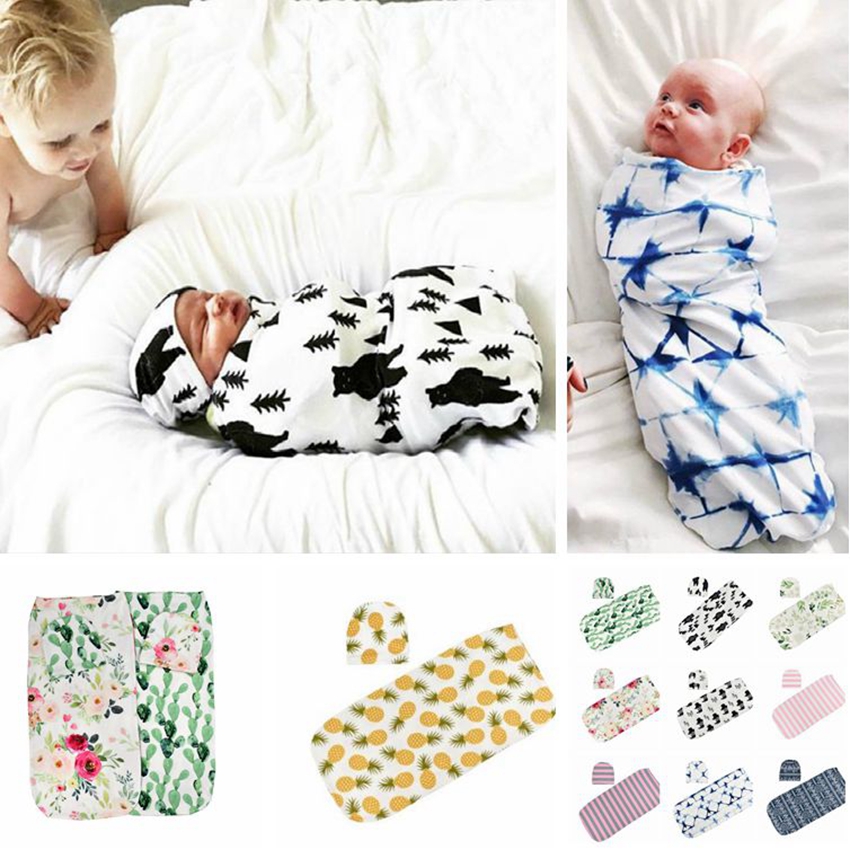 Newborn Infant Baby Floral Swaddle ins Turban Hat Soft Sleeping Blanket Wrap Set Baby Sleeping Bag KKA7986-image-559347905