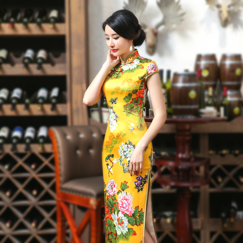 

SHENG COCO Yellow Qipao Dresses Flowers Vintage Cheongsam Brocade Long Lady Summer Printing Tight Corset Chipao Dress 2XL XXXL