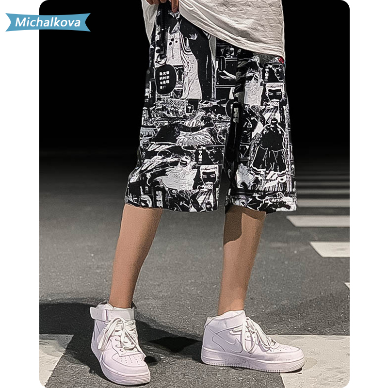 

Japan Cartoon Punk Style shorts Harajuku women/Men's clothes loose comfortable Hiphop printing Streetwear High street michalkova, Black