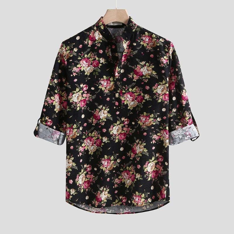 

Autumn Casual Men Shirt Slim Fit Flower Print Dress Shirt Vintage Slim Casual Long Sleeve Mens Clothing Pullover Blouse Tops, Black