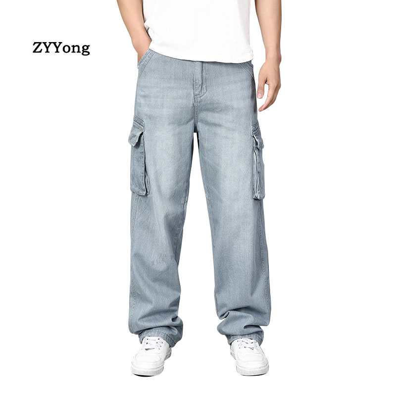 

Men's Large Size Baggy Jeans Straight Multi-pocket Gray Streetwear Jogger Hip Hop Skateboard Denim Trousers loose Wide leg pants