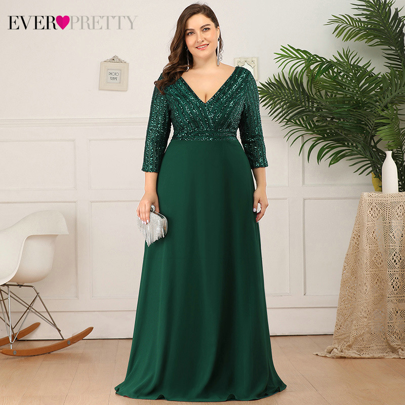 

Plus Size Sequined Evening Dresses Ever Pretty 3/4 Sleeve A-Line Double V-Neck Elegant Sparkle Party Gowns Abiye Gece Elbisesi, White