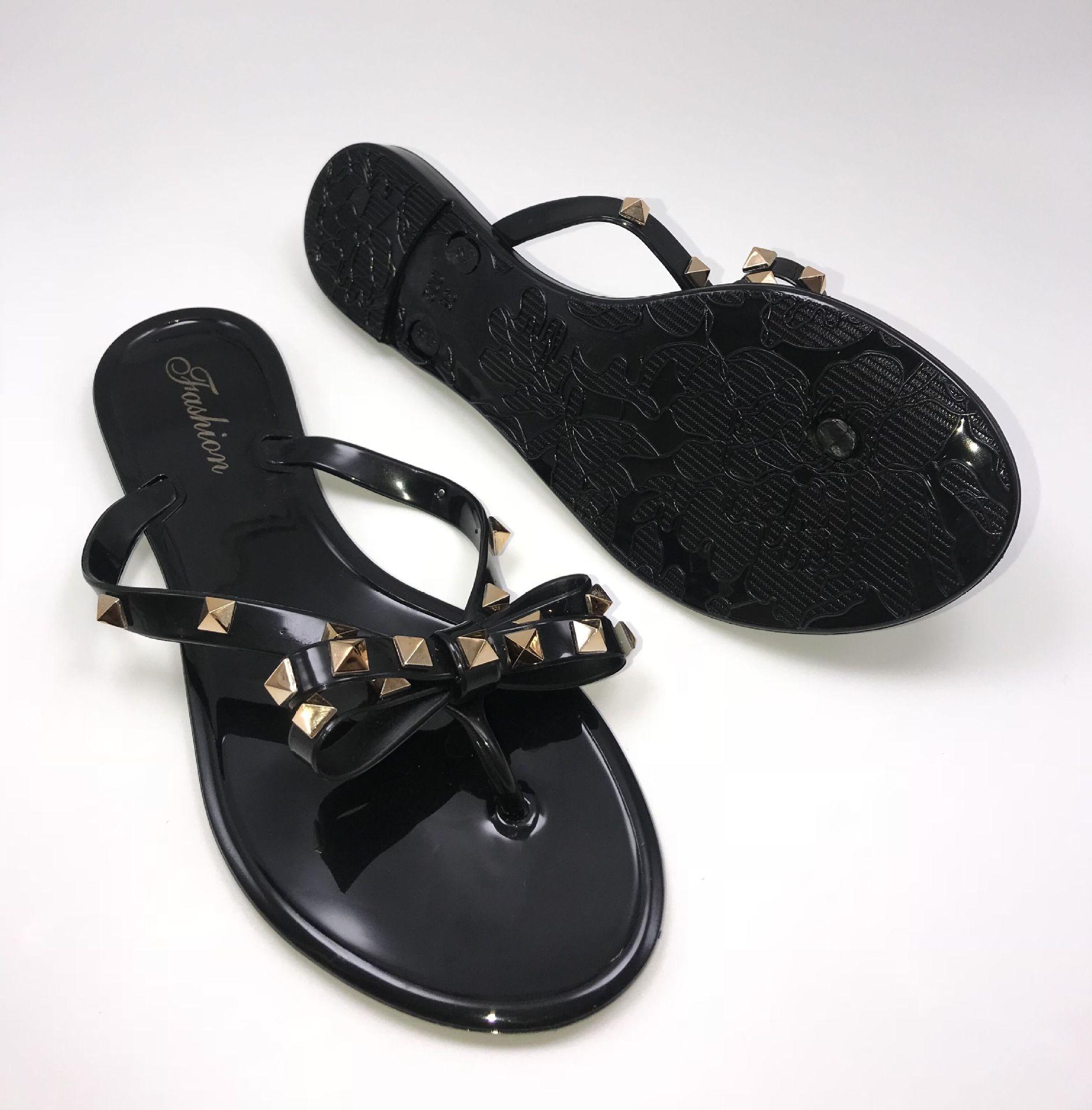 

New Fashion Woman Summer Sandals Rivets big bow knot Flip Flops Beach Sandalias Flat Jelly Designer Sandals, Black