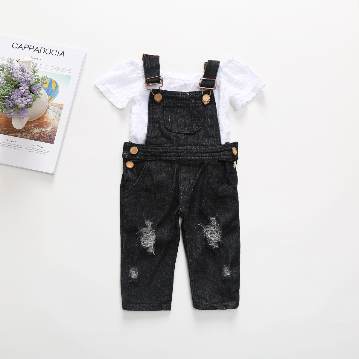 

Toddler Kids Baby Girl Off Shoulder Lace Tops Jeans Bib Pants Outfits Clothes, White