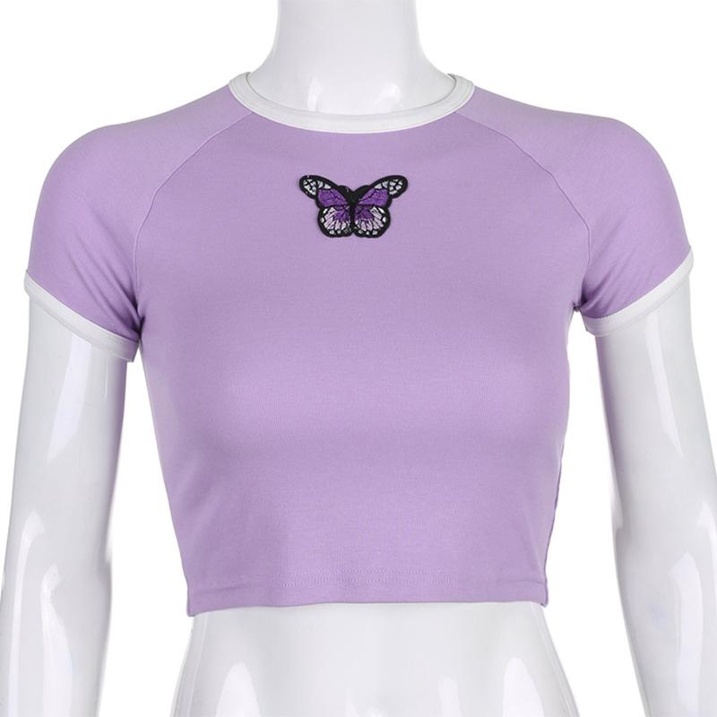 

Women' Summer T-shirt Simple Butterfly Embroidery Printed Short Top Rib Short-Sleeved Blouse (/M/L, Purple