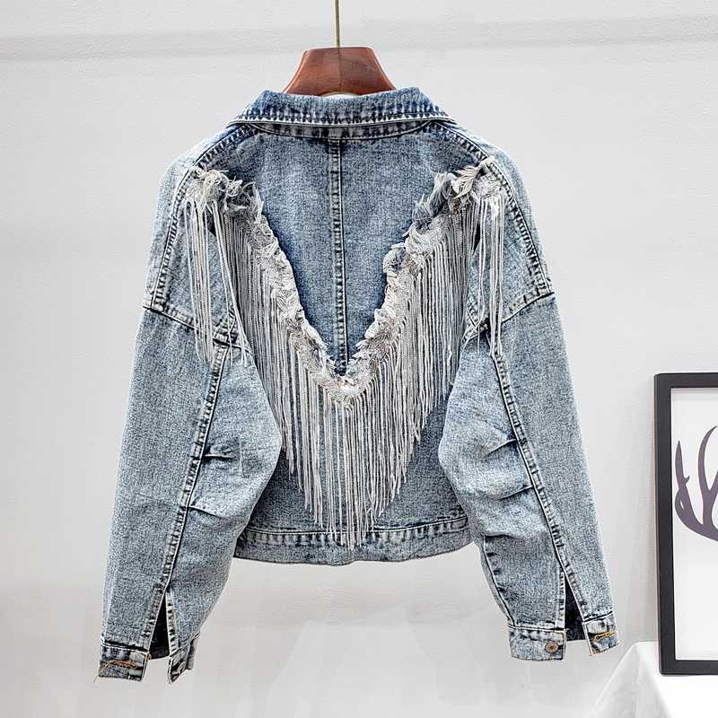 

2020 Autumn New Sequins Tassel Denim Jacket Women Outerwear Streetwear Fashion Loose Long sleeve Short Jeans Jackets Coat Female, Blue