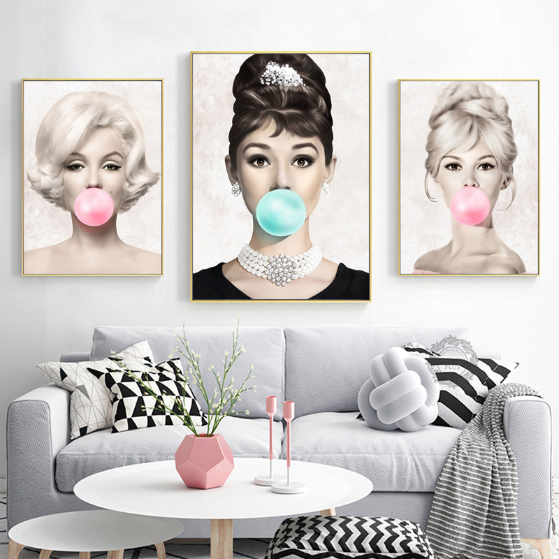 Wall Art Poster Audrey Hepburn Marilyn Monroe Blow Pink Bubbles Wall Art Picture for Living Room Home Decor (No Frame)-image-561563424