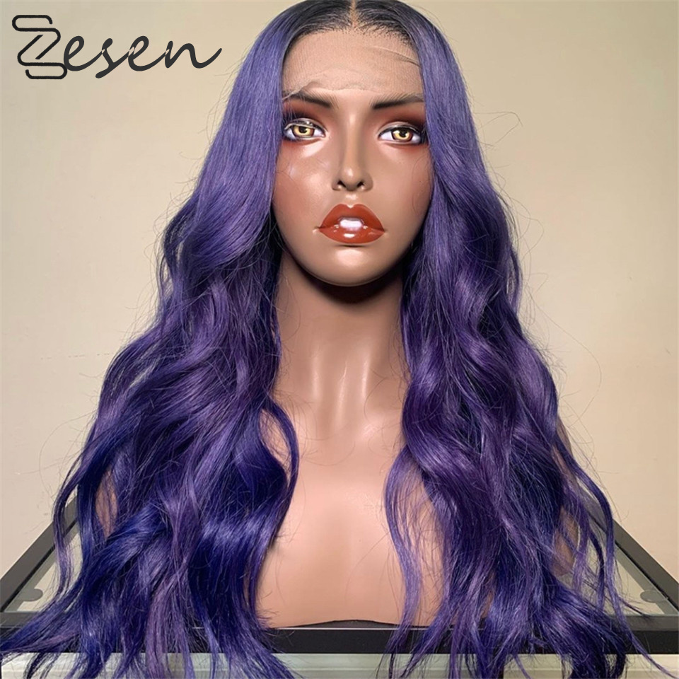 

Zesen synthetic Hair Long Wave Wigs High Temperature Fiber Ombre purple synthetic lace front wig For Women, Ombre color