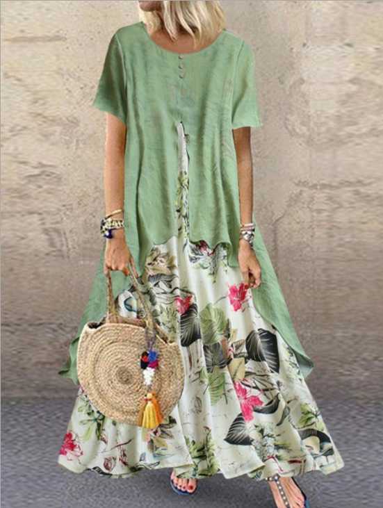 

2020 Summer Round Collar Fashion Printed Maternity Cotton And Linen Dress Irregular Ruffle Patchwork Pregnant Women Floral Dress, Green