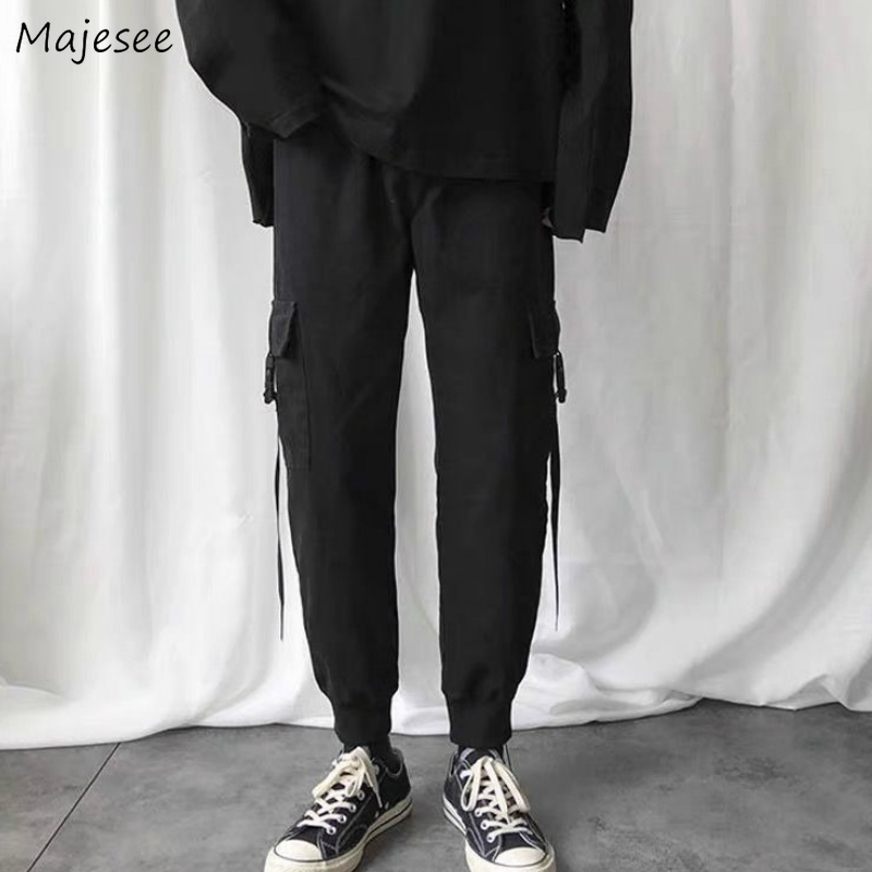 

Men Casual Pants Cargo Solid Simple Large Size Bundle Elastic Waist Pocket Loose Mens Korean Style Leisure Chic Ins Ankle-length, Black