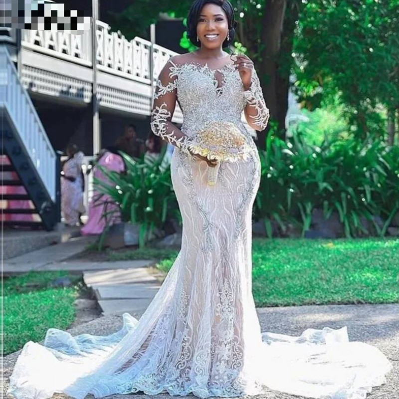 

2020 Luxury Beaded Plus Size Mermaid Wedding Dresses Sheer Jewel Neck Lace Appliqued Black Gilrs Bridal Gowns Custom Made Hollow Back Dress, White