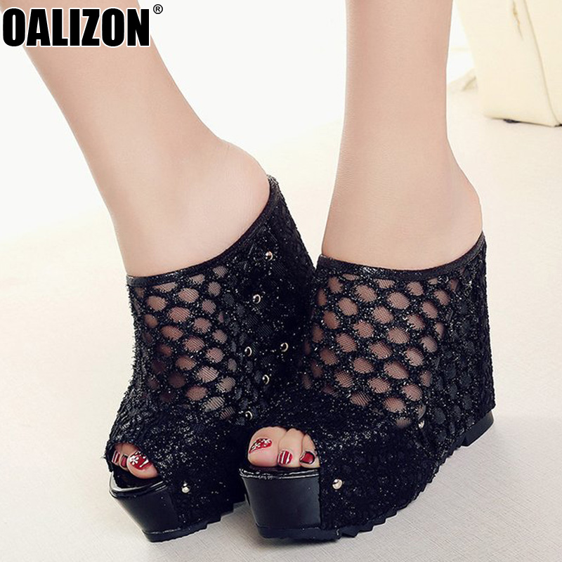 

Summer Stylish Peep Toe Women Slippers Super High Wedge Heel Increasing Height Platform Ladies Mujer Sandals Slippers Shoes R513, Black