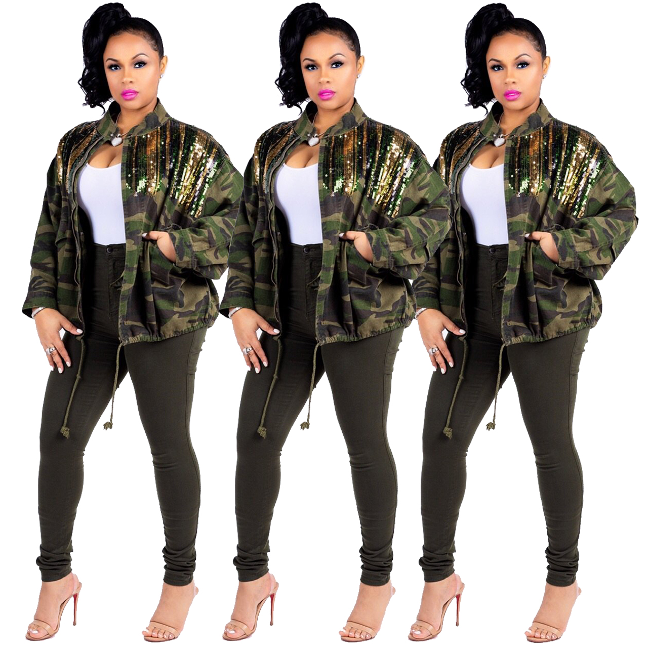 

wholesale 2020 spring season popular applique long sleeve adjustable waist camouflage high street women windbreaker coat, Army green