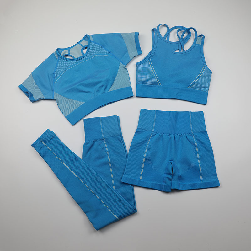 

Women Seamless Yoga Set Fitness Sports Suits Short Sleeve Crop Top+High Waist Leggings+Sports Bra+Sport Shorts Gym Clothing, Green 4pcs set