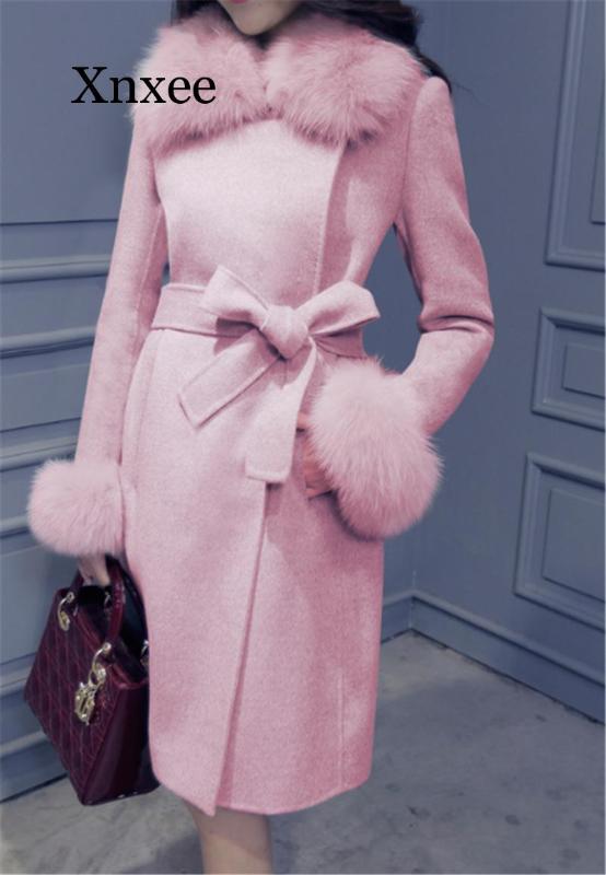 

pink elegant Winter Coat Jacket Women Elegant Gray Cashmere Coat Belt Plus Size Wool Jacket Korean Warm Long Fur Collar