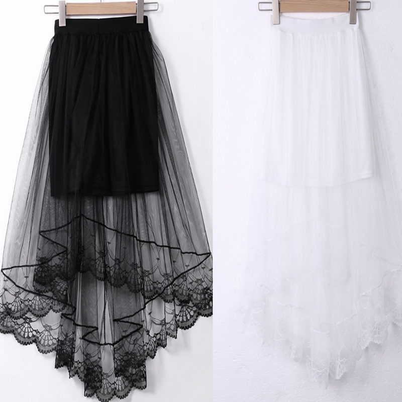 

Women Fashion mesh Pleated skirts Two layers irregular ruffle solid color skirts summer High Waist Vintage evening party, Black