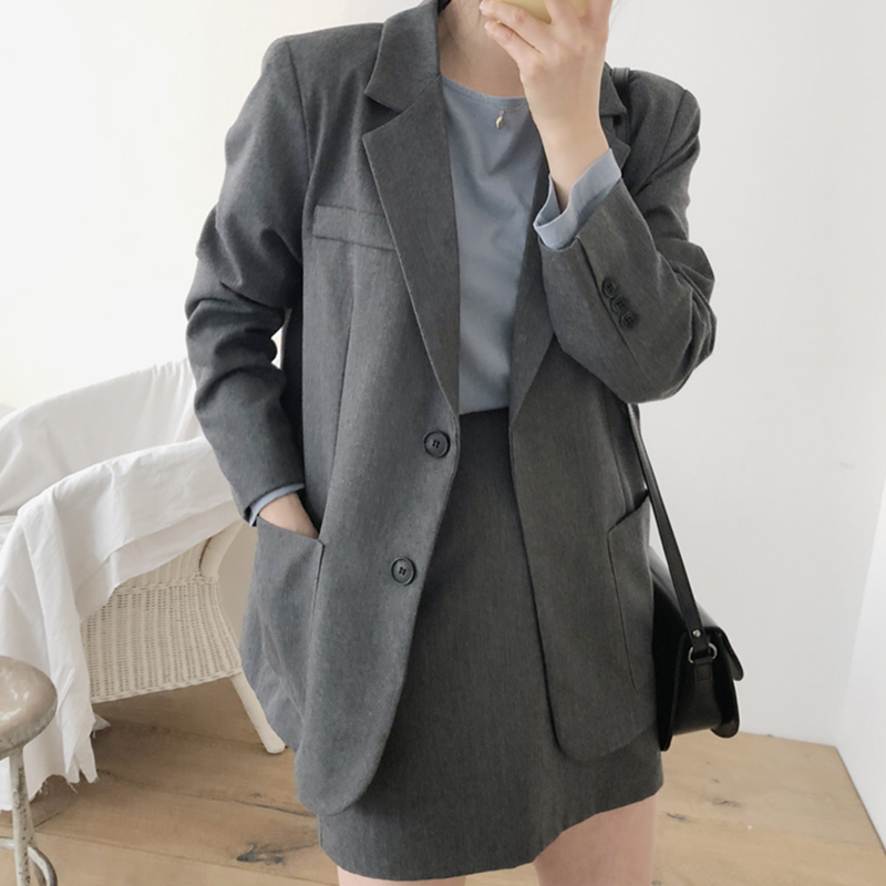 

2020 Office Lady Gray Work Skirt Set Notched Pockets Long Blazer+Short A Line Skirt Korean Autumn 2 Piece Blazer Set Women, Grat set