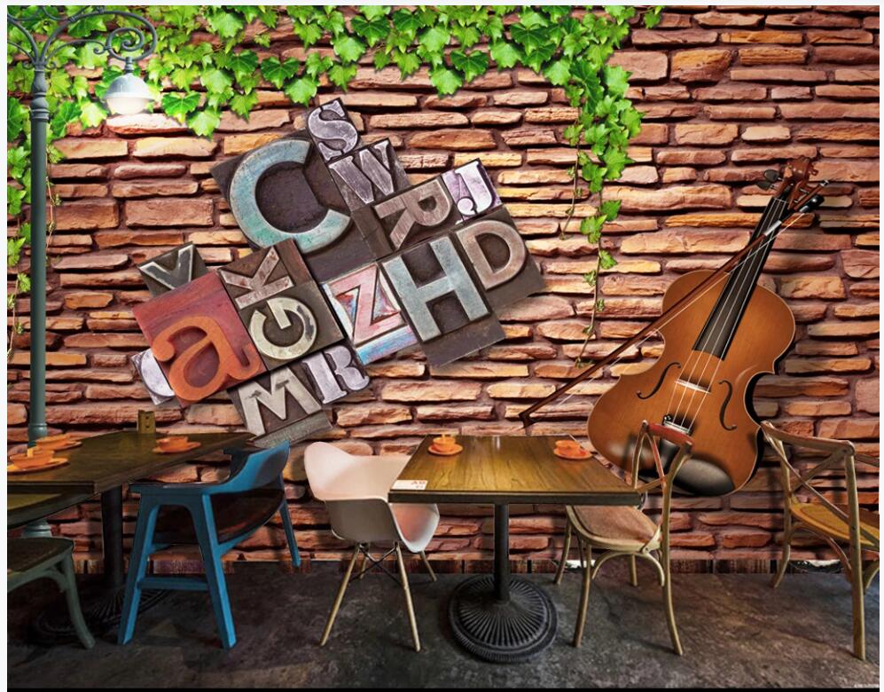 

3d photo wallpaper custom any size mural Green leaf cello alphabet brick wall background home decor living room wallpaper for walls 3 d, Non-woven wallpaper