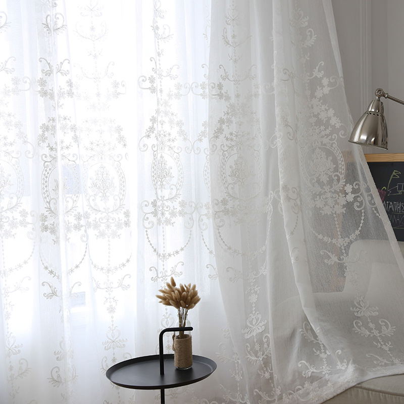 

European Style Window Screen Embroidery White Gauze Bedroom Curtain Cloth Embroidered Window Screen Pure Color Living Room