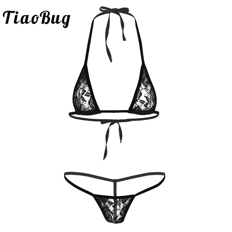 

TiaoBug Women Swimsuit Floral Lace See Through Micro Bikini Set Sheer Lingerie Halter Bra with G-String Panties Sexy Underwear, Black