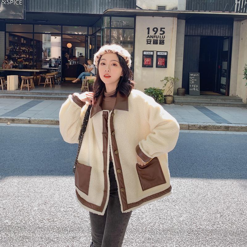 

2020 New Winter Women lapel Lamb wool Jacket Female Leisure Long Sleeve Ladies Stitching Coat Girls High Quality Outwear, White