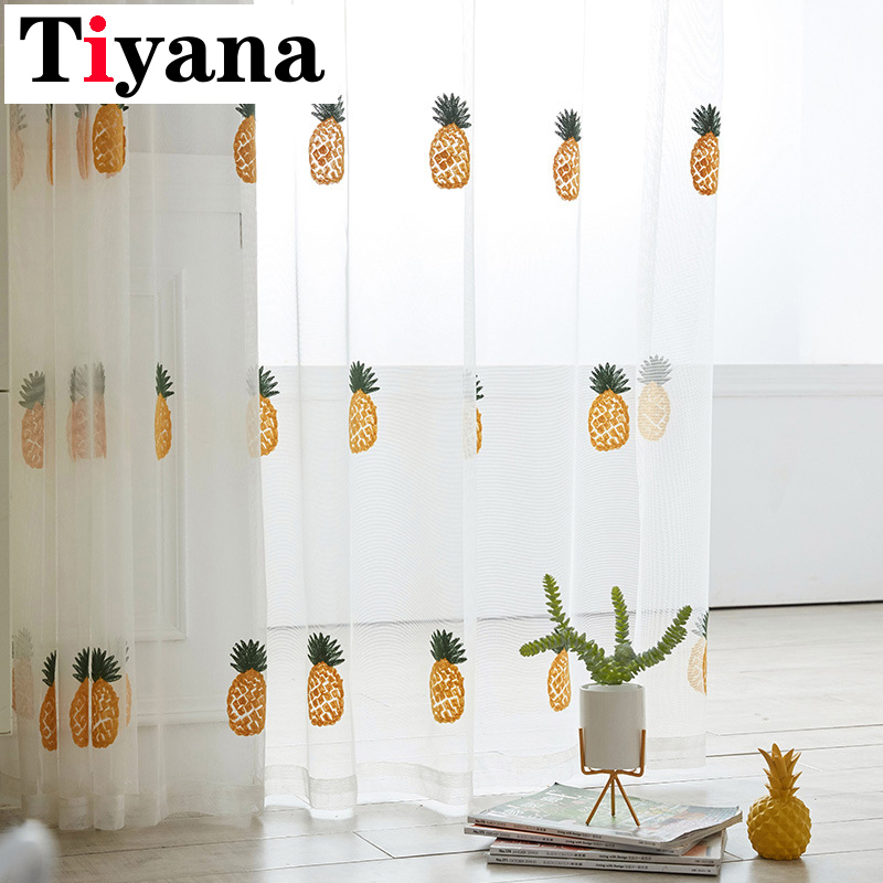 

Cute Pineapple Embroidered White Sheer Curtains For Living Room Bedroom Kids Room Fruit Tulle For Kitchen Window Drapes P430X