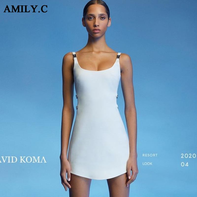 

Amily.c 2020 Summer New Women's Bodycon White Bandage Dress Sexy Spaghetti Strap Mini Club Celebrity Runway Party Dress Vestidos