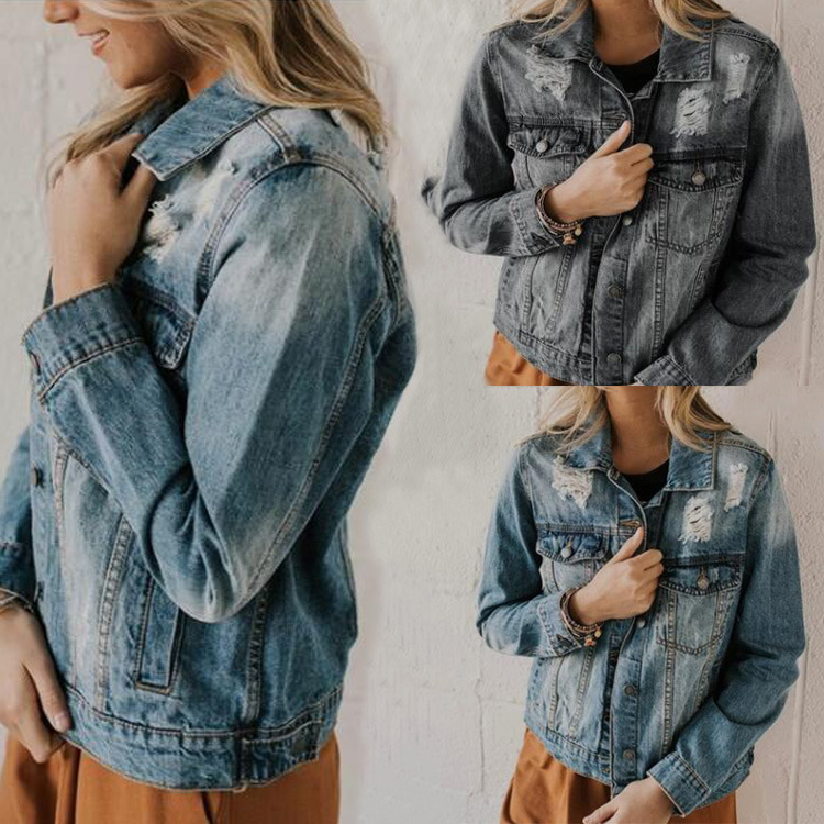 

Womens Jackets and Coats Long Sleeve Jeans Jacket Women Plus Size Autumn Pocket Hole Ripped Stretch Short Denim Jacket Coat, Gray
