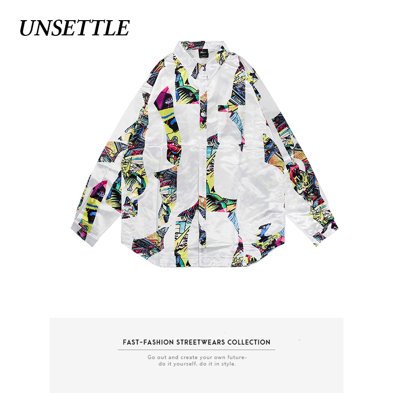 

UNSETTLE 2020 Men Hip Hop Loose Fashion Streetwear Hawaiian Print patchwork Shirt Oversized Harajuku Shirt Long Sleeve Tops Thin, Black