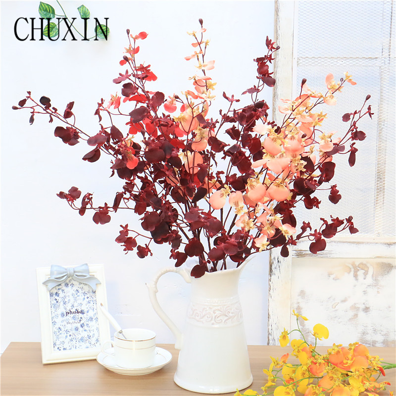 

80cm Single branch 4 fork dynamic peacock Dancing orchid artificial flower wedding Scene layout home decoration photography Prop, Red