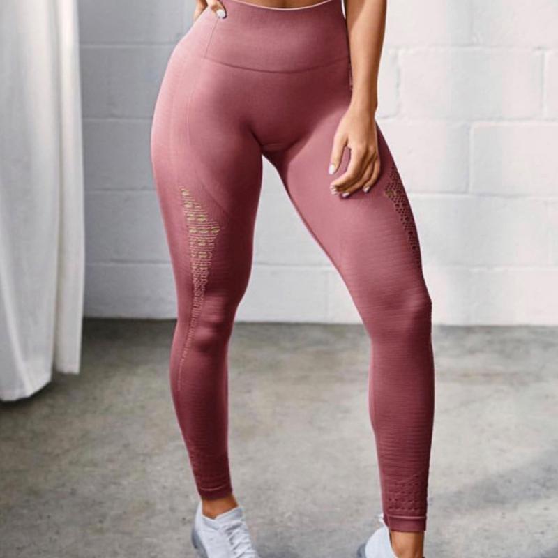 

Solid Seamless Yoga Pants High Waist Hollow-out Gym Leggings Sport Women Fitness Paddy Long Tights Running Pants, Black