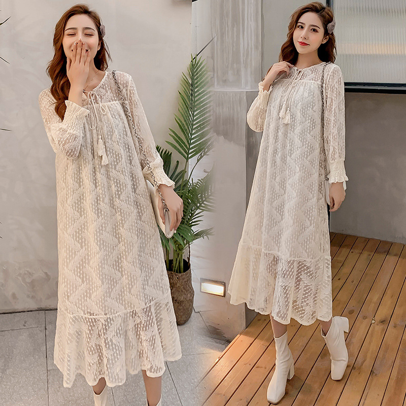 

2020 Spring Clothing New Style Korean-Style Maternity Clothes Loose-Fit Long Sleeve Lace Large Size A- Line Skirt Elegant Dress, Apricot