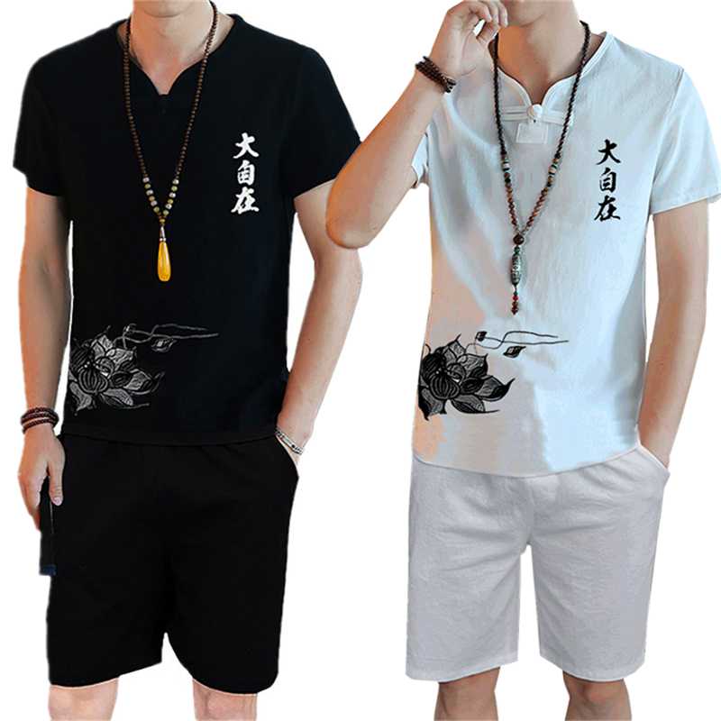 

Chinese style mens two-piece set large size S-5XL fashion men embroidered short sleeves t shirt and shorts, Black
