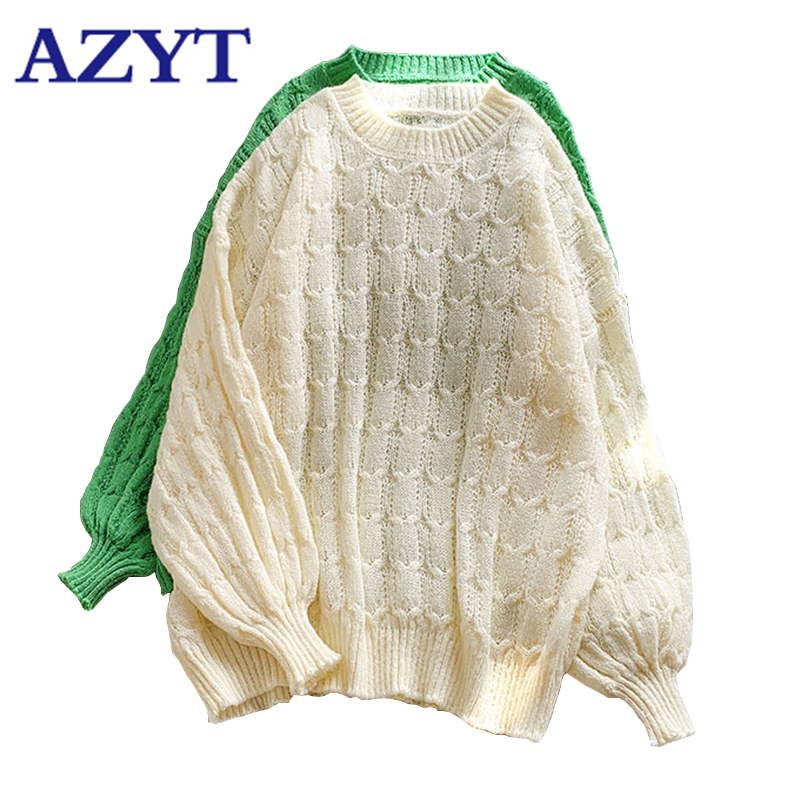 

AZYT Autumn Loose Knit Women's Sweater Coat 2020 Harajuku Loose Streetwear O Neck Pullover Sweaters Casual Female Jumpers, Green