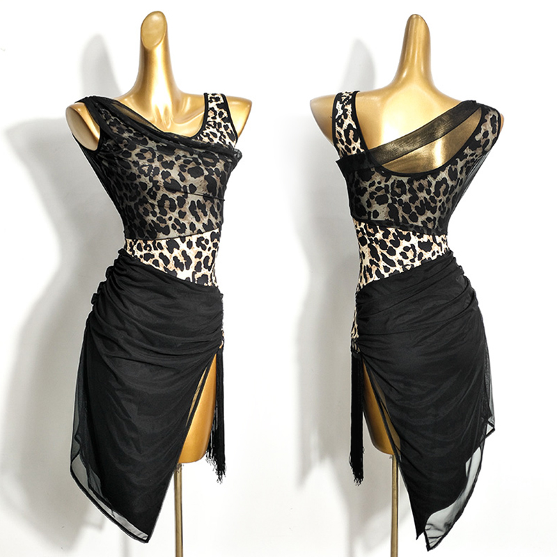 

Latin Dance Dress Women Sexy Leopard Print Irregular Tassel Dresses Rumba Salsa Samba Cha Cha Ompetition Performance Wear DN6221, As picture