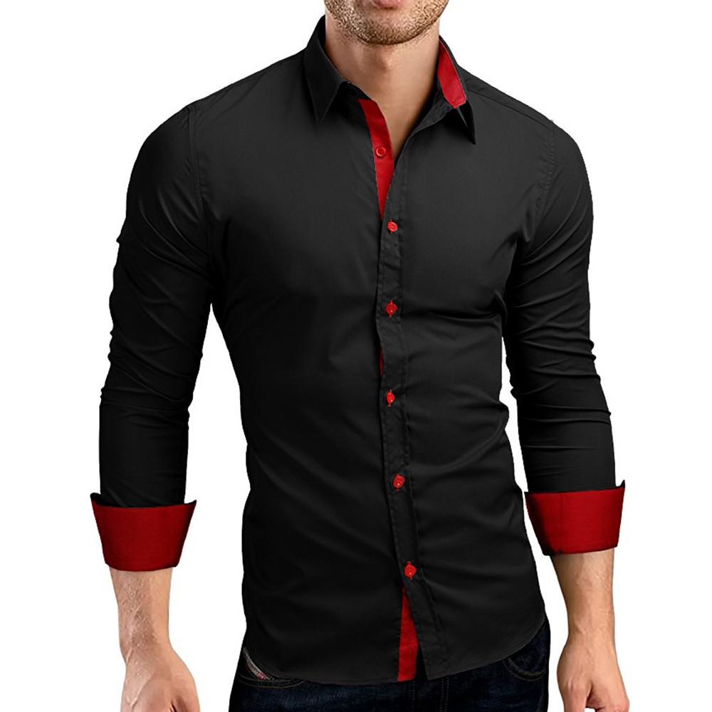 

Formal Dress Shirts Men Brand Solid Shirt Casual Slim Fit Long Sleeve Shirt Red Black White Chemise Homme Manche Longue 2#, Bu