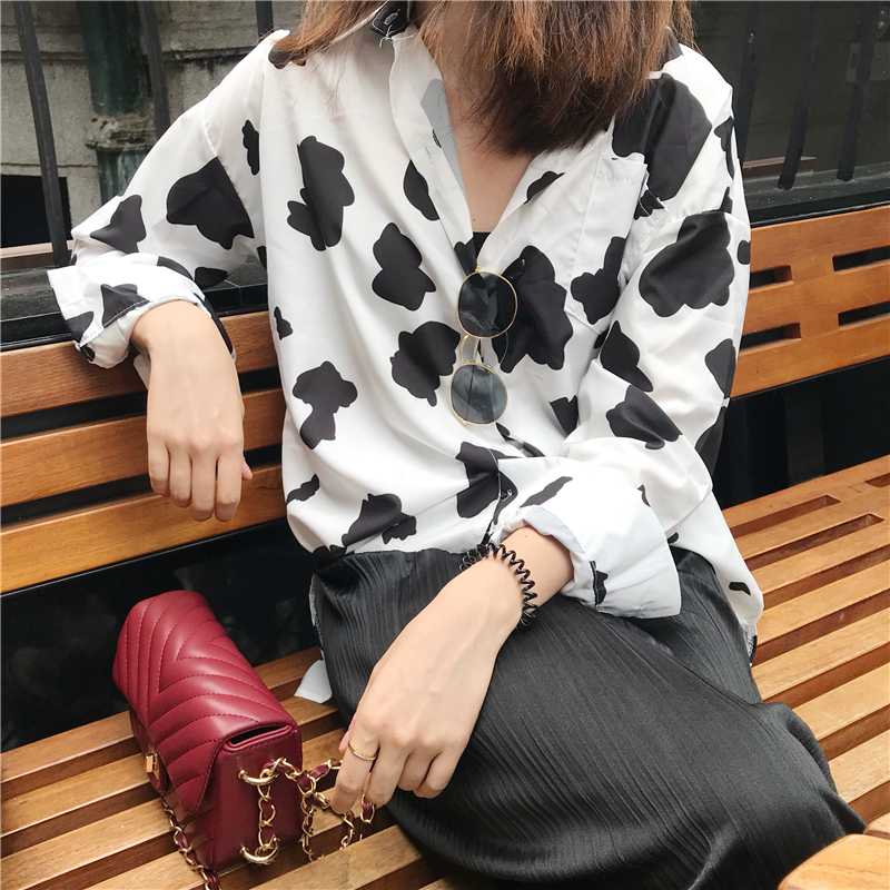 

Lady Loose Cow Print Lapel Long Sleeve Shirt Clothing Women's Shirts Lady Kawaii Ulzzang Female Punk Harajuku Tunic For Women, White